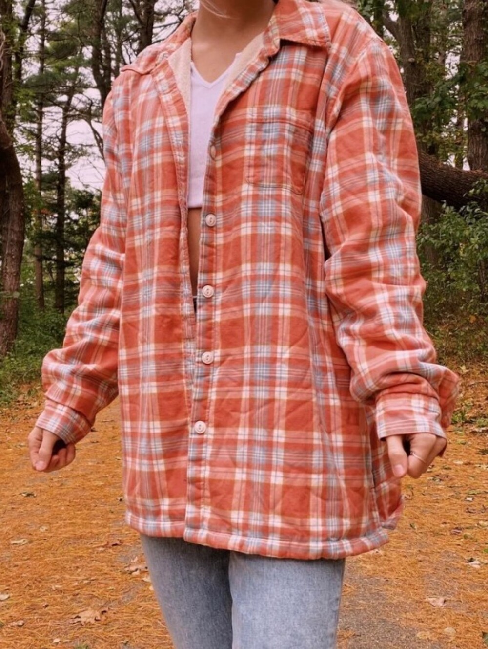 L.L. Bean Orange Plaid Fur Lined Flannel Shirt Shacket Jacket Women's Sz Small